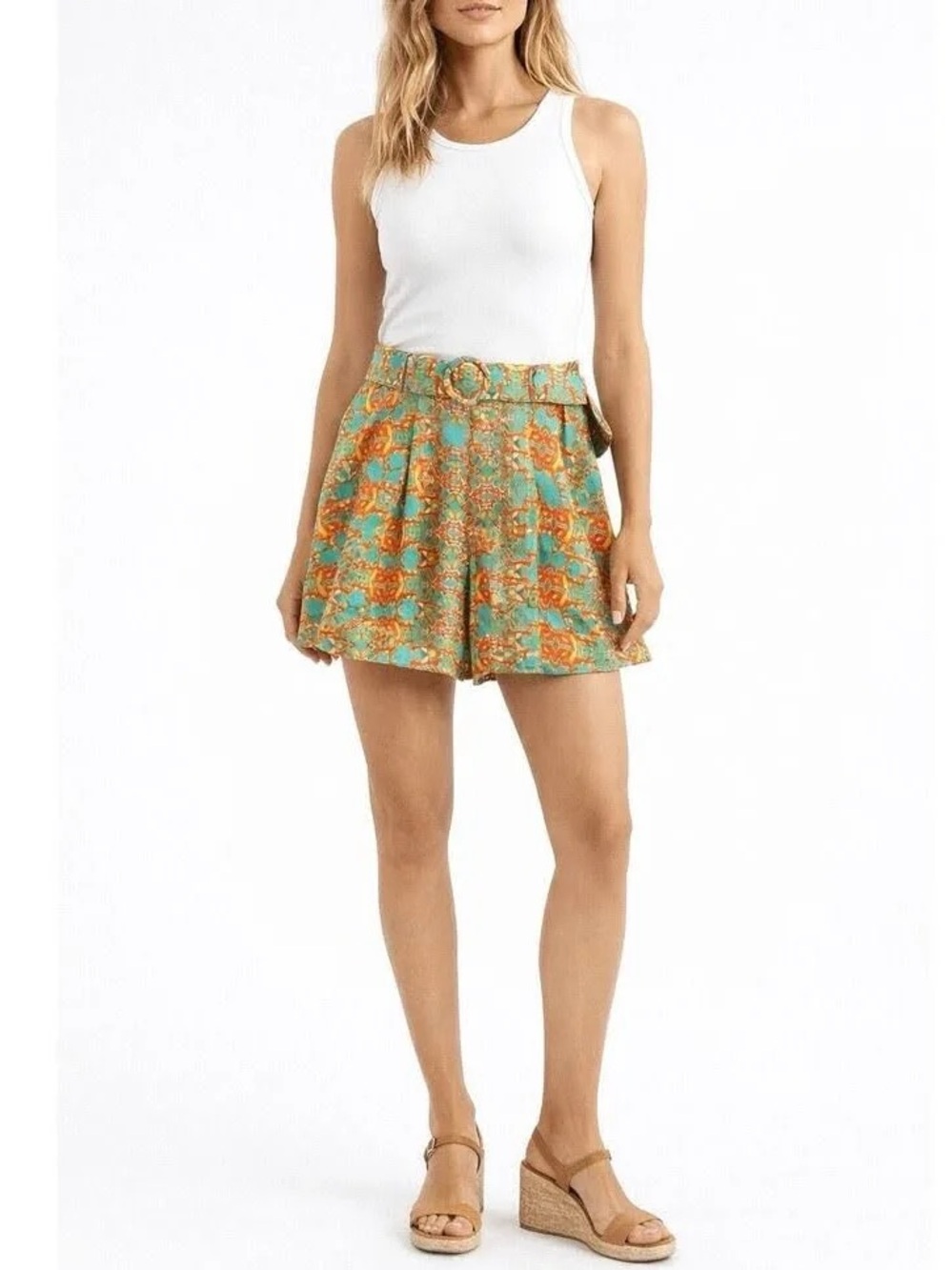 NWT Moon River x Anthropologie High Waist Printed Belted Shorts in Teal and Oran